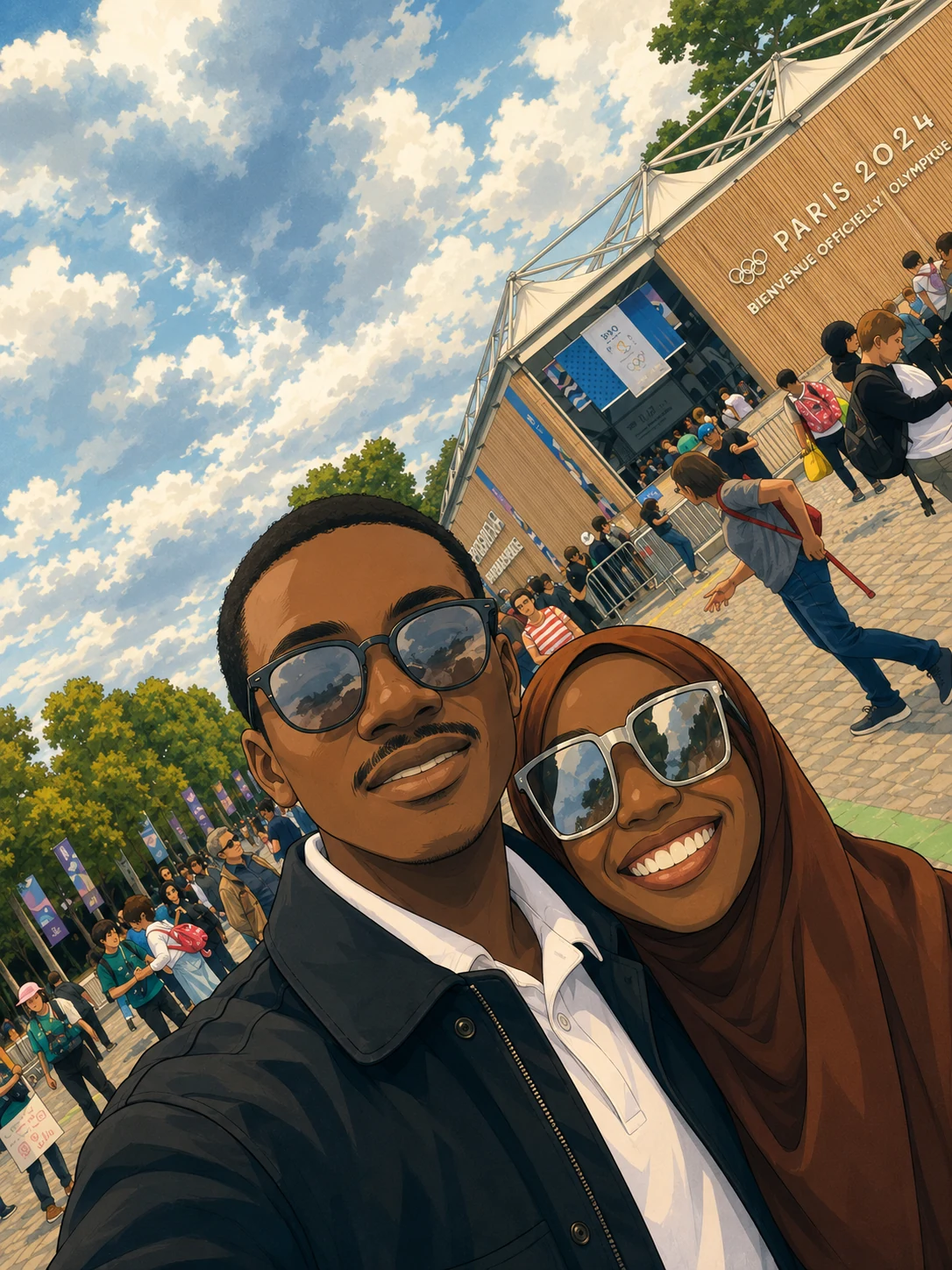 Illustrated portrait of Hadeeart and Hammed for their civil wedding and yacht party.